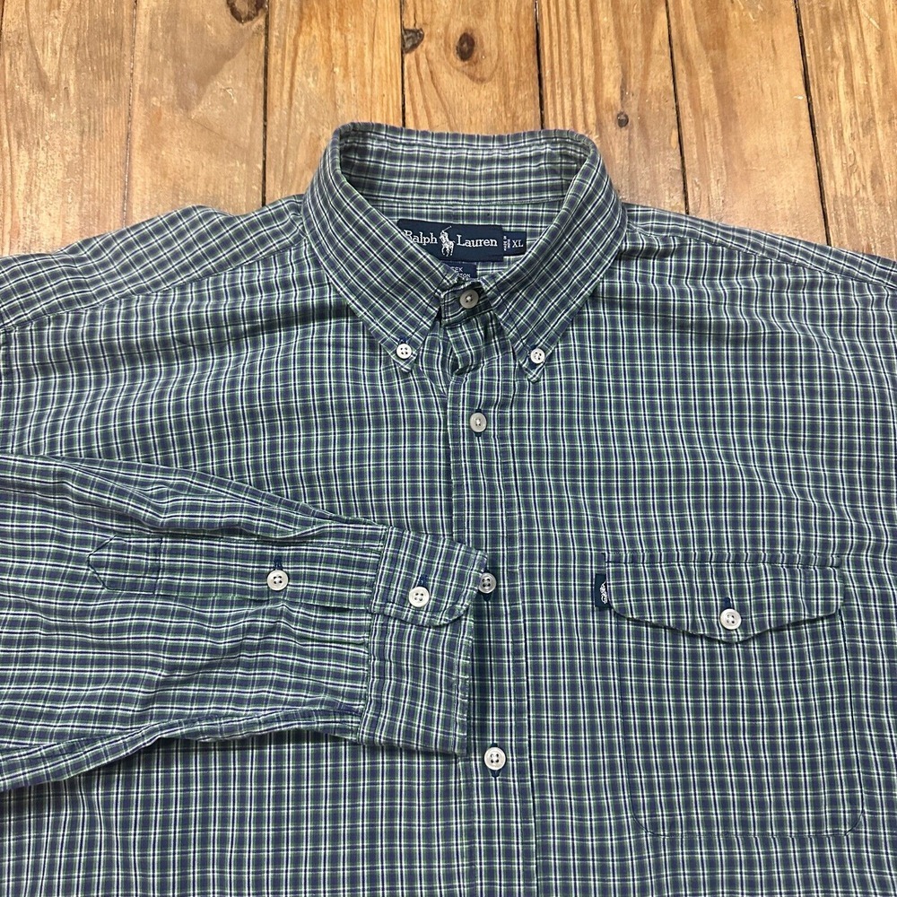 Vintage Ralph Lauren Shirt Mens XL Green‎ Plaid Creek Single One Pocket